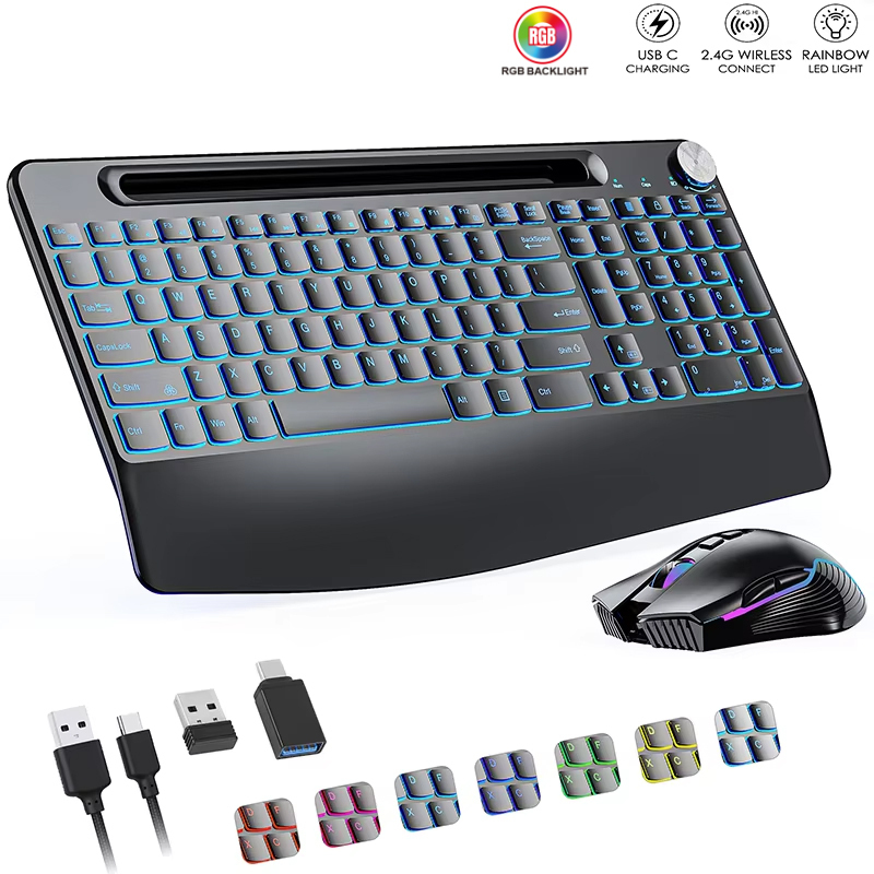 Gaming Keyboard Type C - 2.4G และ Type-C คีย์บอร์ดไร้สายเมาส์ Combo พร้อมสายรัดข้อมือ,RGB