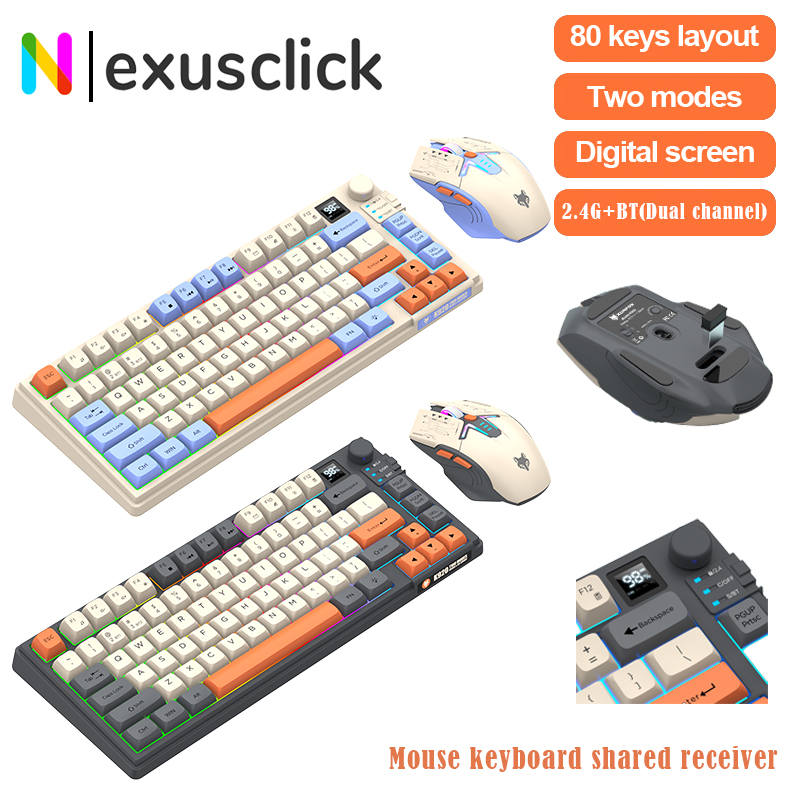 Gaming Keyboard Extension - คีย์บอร์ดและเมาส์แบบคู่พรีเมียม 2.4G+บลูทูธ พร้อมหน้าจอแสดงผลและปุ่มควบคุม สำหรับคอมพิวเตอร์พีซีและแท็บเล็ต ชาร์จซ้ำได้