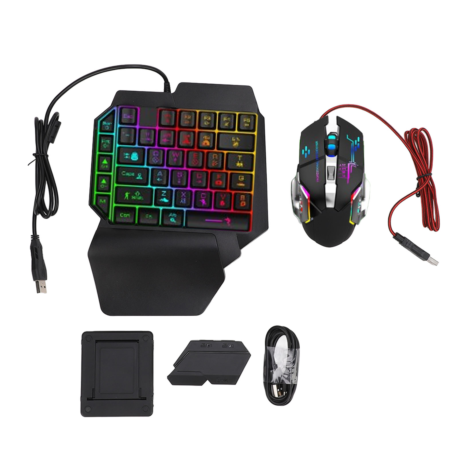 Gaming Keyboard Mouse Combo - ชุดแปลงเมาส์คีย์บอร์ด ชุดคีย์บอร์ดเมาส์แบบมือเดียวที่ตอบสนองได้รวดเร็ว ชาร์จ 5V 2A พร้อมที่วางโทรศัพท์แบบปรับได้สำหรับเล่นเกม