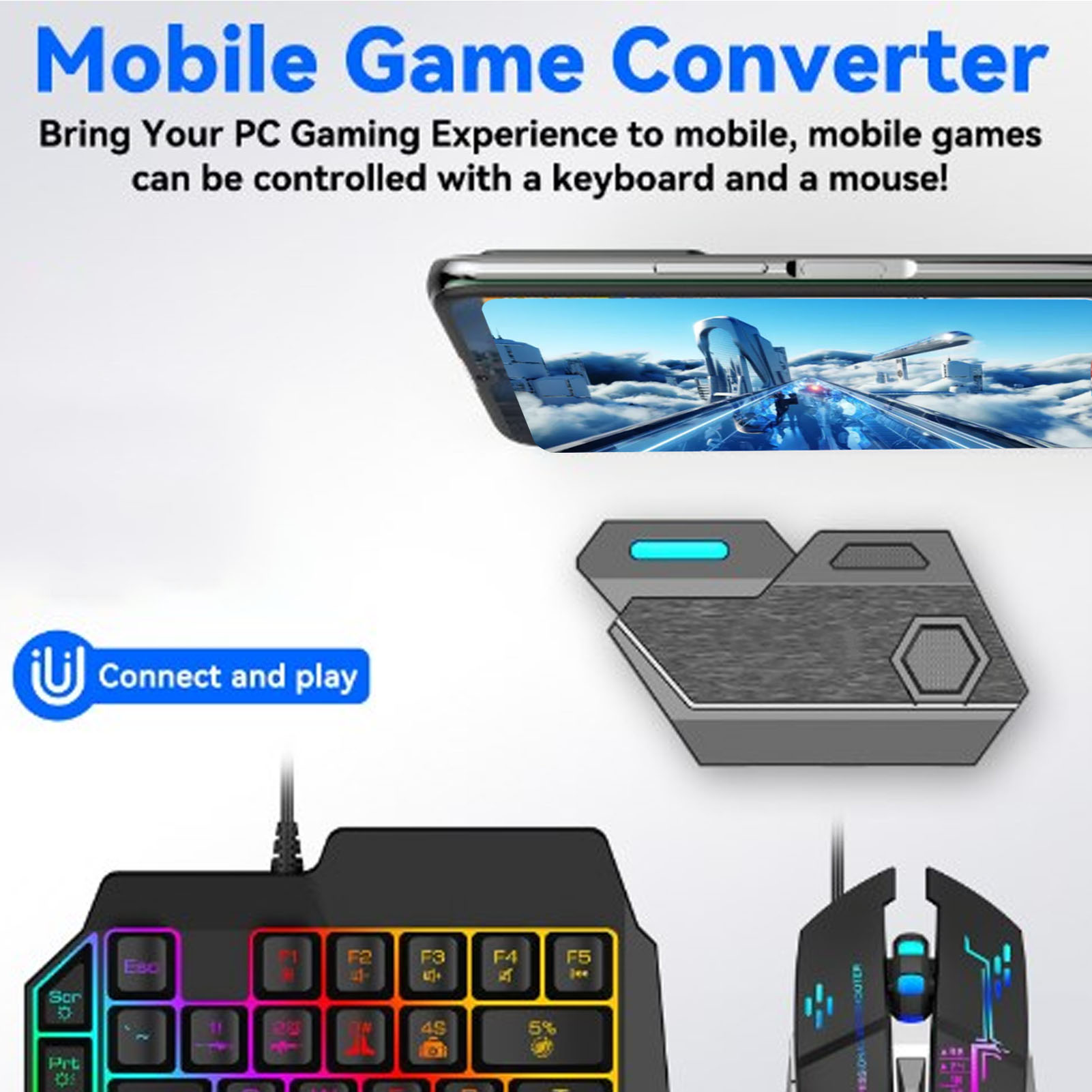 Gaming Keyboard Mouse Combo - ชุดคอมโบเกมมือถือ เชื่อมต่อบลูทูธ คีย์บอร์ดและเมาส์แบบมือเดียว ตอบสนองไว พร้อมที่ยึดโทรศัพท์ปรับได้สำหรับเล่นเกม