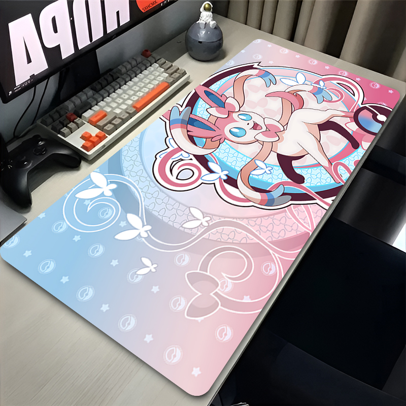 Gaming Keyboard Noise - แผ่นรองเมาส์สีชมพูขนาดใหญ่ XXL อุปกรณ์เสริมคอมพิวเตอร์สำหรับเล่นเกม P-pokemon Sylveon แผ่นรองคีย์บอร์ดสำหรับวางโต๊ะ
