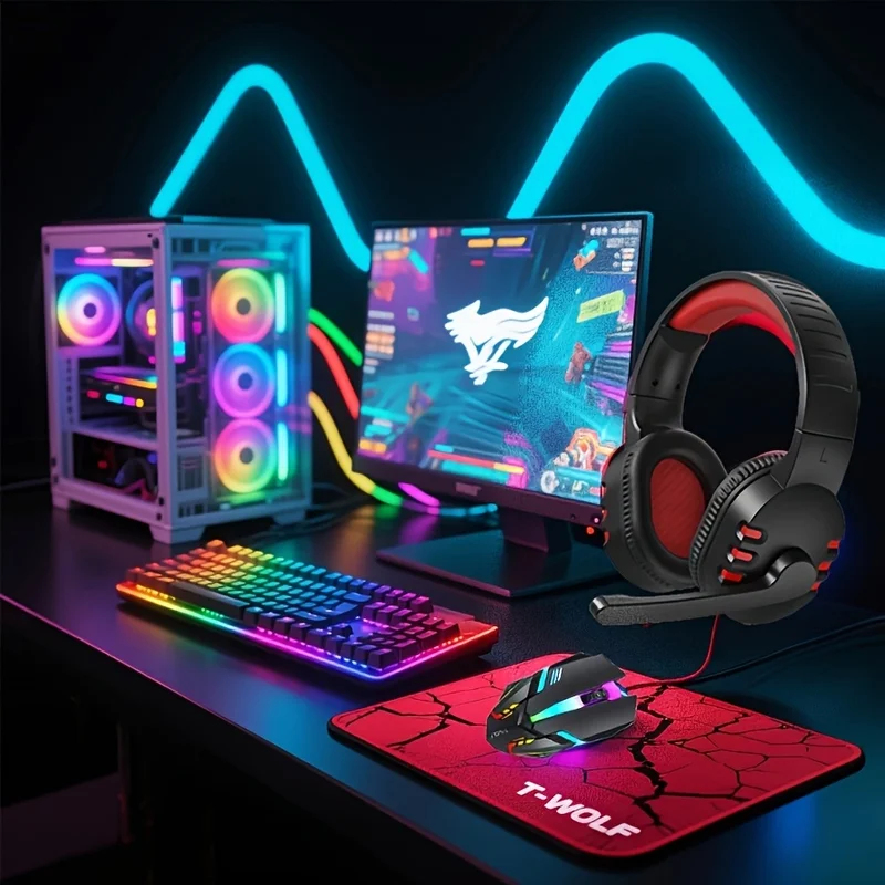 Gaming Keyboard Mouse And Headset Combo - 2026 ชุดคีย์บอร์ด เมาส์ แผ่นรองเมาส์ และหูฟังเกมมิ่งแบบมีสาย 4-in-1