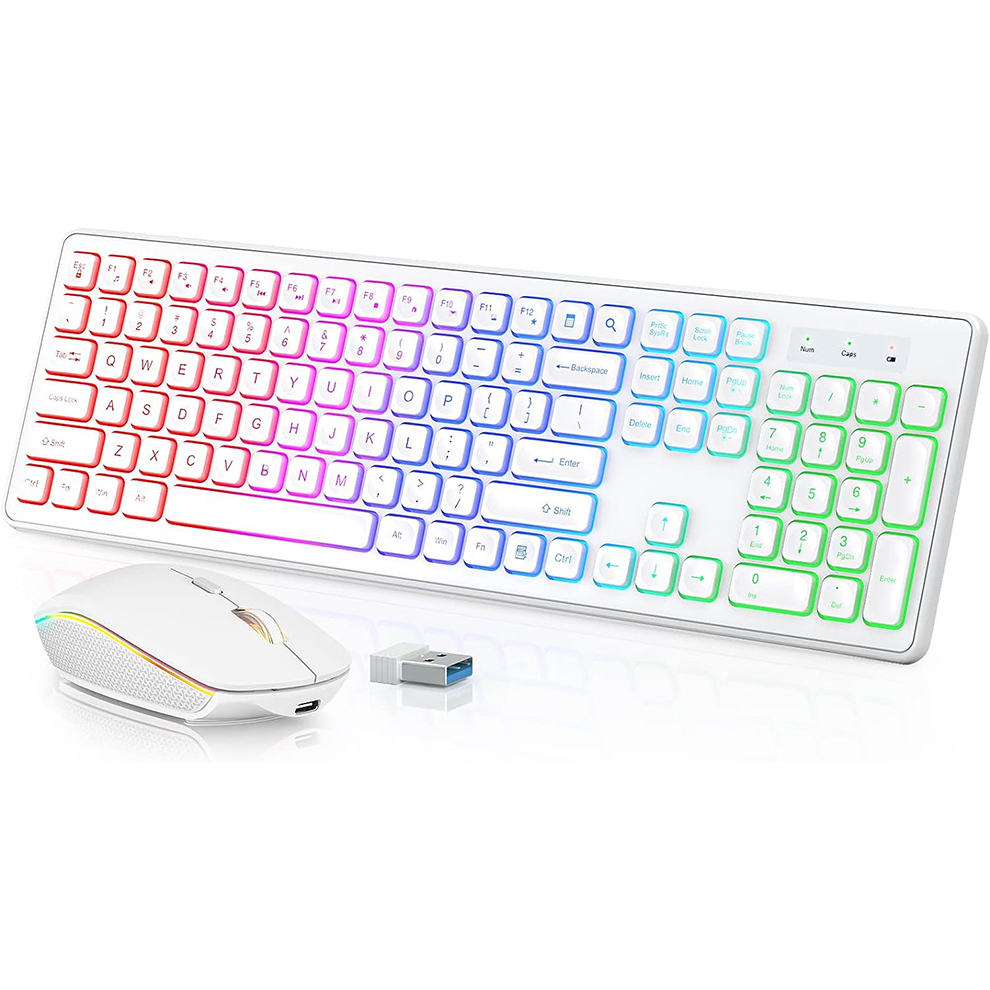 Gaming Keyboard Extension - คีย์บอร์ดและเมาส์ไร้สายแบบมีไฟพื้นหลัง, ปุ่มเรืองแสงเงียบ, ขาตั้งปรับเอียงได้, ชุดคอมโบไร้สายแบบชาร์จไฟได้ผ่าน USB สำหรับคอมพิวเตอร์,